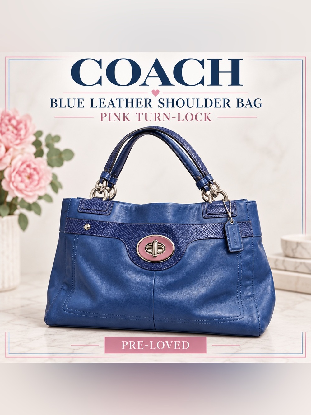 Coach Blue Leather Shoulder Bag with Pink Turn-Lock